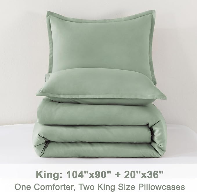 Litanika King Size Comforter Set Sage Green, 3 Pieces Lightweight Solid Comforter King Size, All Season Fluffy Down Alternative Comforter Bed Set Quilt Blanket-Ruum Studio Home