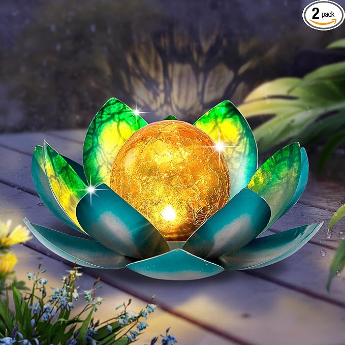 Solar Light Outdoor(2Pack), Art Crackle Globe Glass Lotus Decoration, Solar LED Waterproof Blue Metal Flower Lights for Patio,Lawn,Walkway,Tabletop-Ruum Studio Home