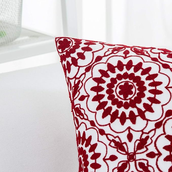 HWY 50 Red Decorative Throw Pillow Covers 18x18 Inch (1 Piece), Embroidered Cotton Farmhouse Cushion Cover Pillow Case for Sofa Couch Living Room Bed, Little Sunflower-Ruum Studio Home