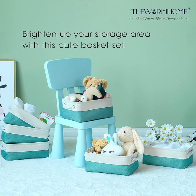 TheWarmHome Storage Bins for Shelves - Small 6 Pack 11.8x7.8x5.2 inch Sturdy Storage Basket W/Handles, Decorative Foldable Storage Baskets for Organizing Closet Nursery Toy(White & Green)-Ruum Studio Home