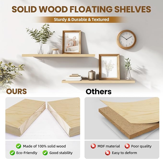 Floating Wall Shelves 2-Pack - 36-Inch Rustic Wooden Shelves for Storage and Décor, Easy Installation for Living Room, Bedroom, and Kitchen-Ruum Studio Home