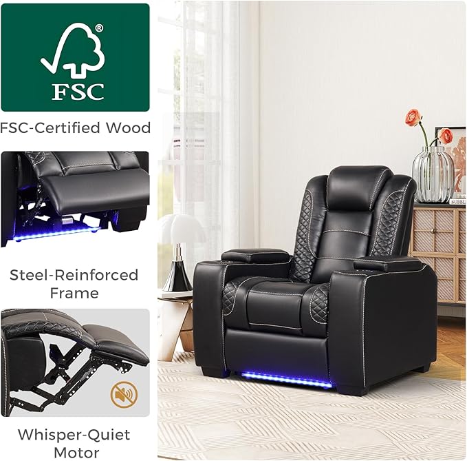 ANJ Power Home Theater Seating Set of 2, PU Leather Electric Recliner Chair with Powered Headrest, Dual Motors Movie Reclining Chairs with LED Lights,USB Port, Cup Holders, Hidden Arm Storage (Black)-Ruum Studio Home