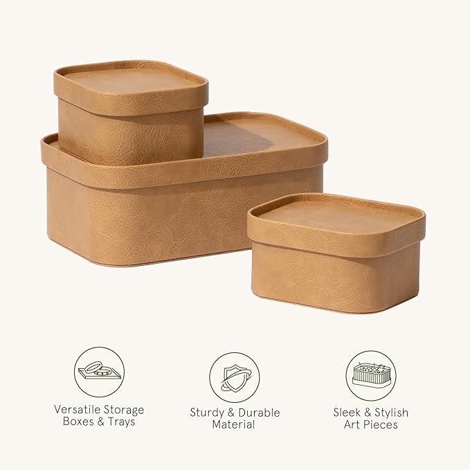 La Jolie Maison Vegan Leather Storage Boxes with Lids, Set of 3 Decorative Storage Containers Organize Stackable Storage Box, Camel-Ruum Studio Home