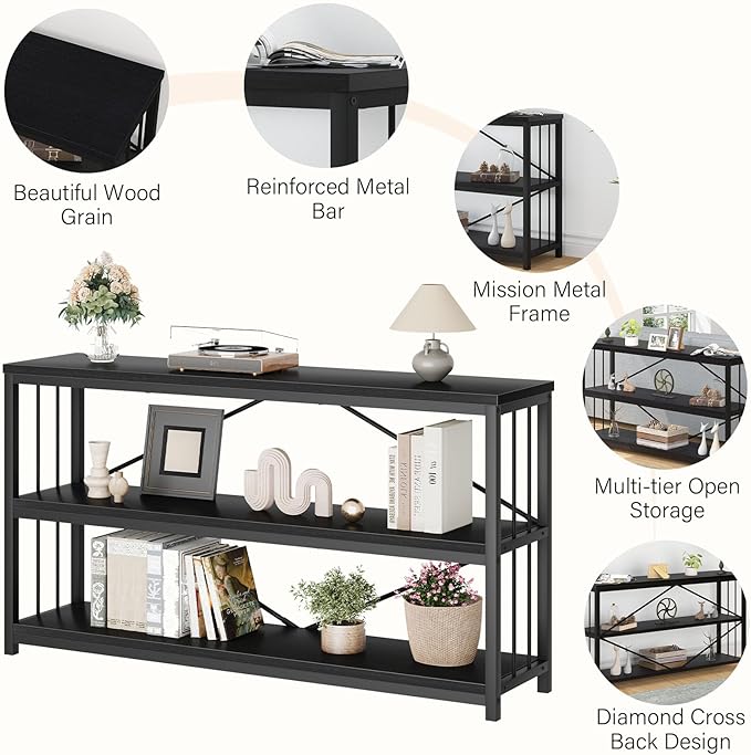 LVB Black Console Table, Modern Entryway Table for Hallway Living Room, Industrial Sofa Table Behind Couch, Farmhouse Wooden Metal Entry Table for Foyer with 3-Tier Storage Shelves, Black Oak, 55 Inch-Ruum Studio Home