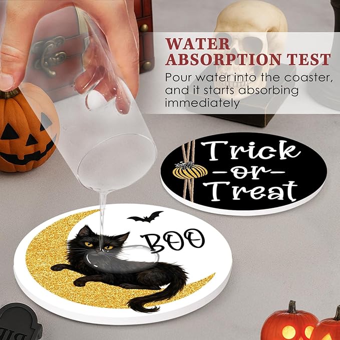 Coaster for Drinks Set of 6, Halloween Boo Black Cat Trick or Treat Spooky Pumpkin Bat Absorbent Round Ceramic Stone Mat, with Cork Base and Metal Holder, Gift for Housewarming Room Bar Decor-Ruum Studio Home