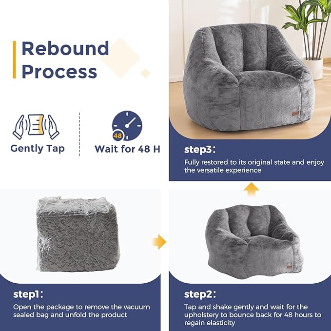 MAXYOYO Bean Bag Chair, Comfy Bean Bag Sofa with Back Support, Faux Fur Bean Bag Chair for Adults and Kids, Stuffed Floor Sofa for Living Room, Bedroom, Apartment, Grey-Ruum Studio Home