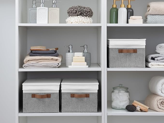 StorageWorks Large Storage Bins with Lids, Decorative Storage Boxes with Lid and PU Handles, Foldable Storage Baskets for Closet, Shelves, Stackable, Gray and White, 3-Pack-Ruum Studio Home