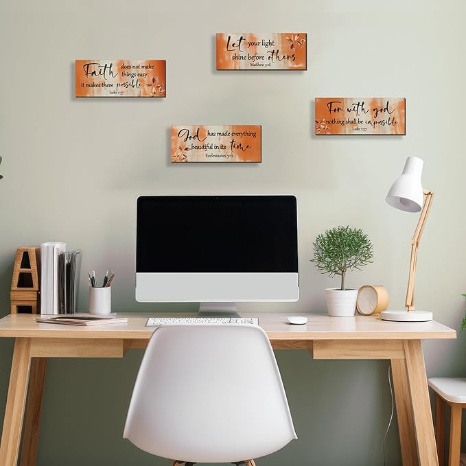 FENCORDAR 4 Pieces Orange Bathroom Decor Bible Verses Decor Wooden Orange Wall Decor Abstract Office Christian Wall Decor Religious Art for Women Office Home Bedroom Living Room Decor(10x4)-Ruum Studio Home