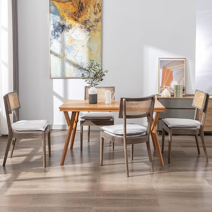 Rattan Dining Chairs Set Of 4 , Mid Century Modern Upholstered Cane Back Chairs with Removable Linen Cushion , Retro Farmhouse Natural Wooden Kitchen & Dining Room Chairs for Restaurant Living Room-Ruum Studio Home