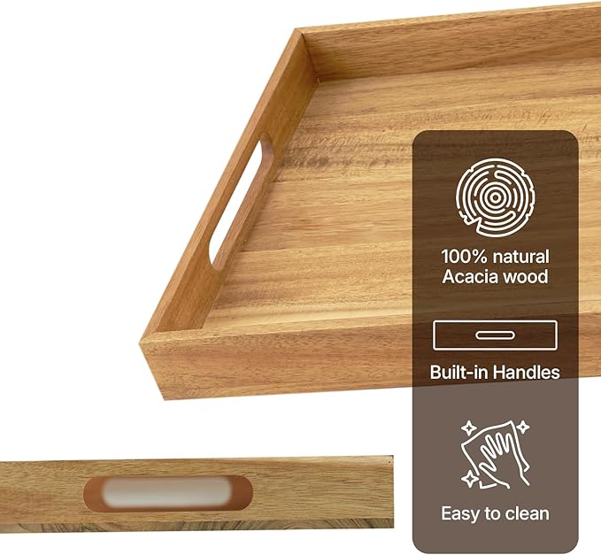 Koppen Acacia Wood Serving Tray with Handles, 17" x 13.86", Large Wooden Platter for Breakfast, Ottoman Tray for Party, Snacks, Fruit, Coffee Table, Living Room, Sofa, Bed, Outdoor-Ruum Studio Home