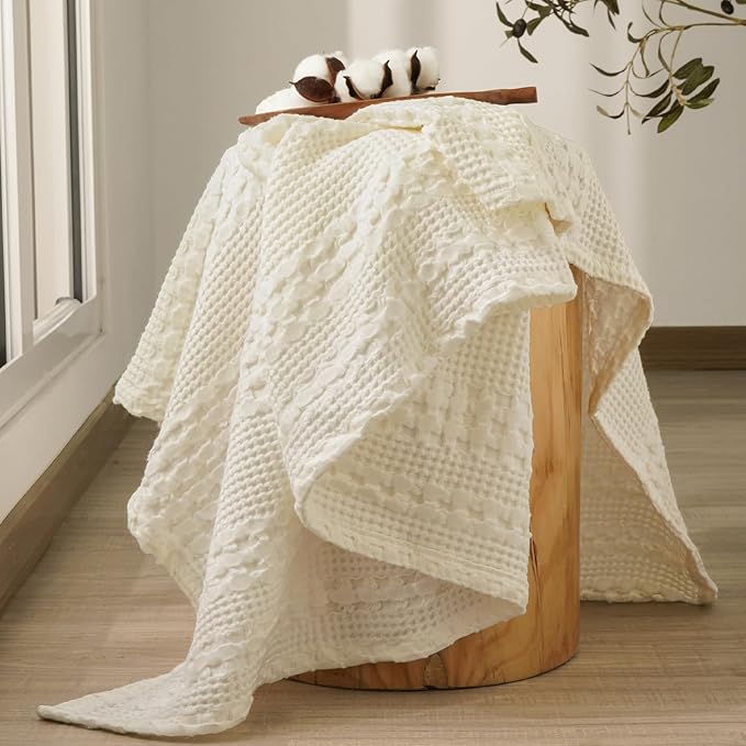 PHF 100% Cotton Waffle Weave Throw Blanket, Soft Lightweight Breathable Cozy Summer Throws for Couch Bed Sofa, Luxury Aesthetic Woven Blanket for Home Decor & Office, 50"x60", Cannoli Cream-Ruum Studio Home