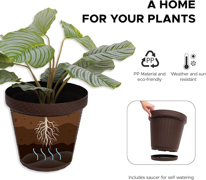Elly Décor Set of 2 12 inch Round Saucer Modern Self Watering Planter Plates, Pots with Rattan-Like Finish, 12x12 Chocolate Brown-Ruum Studio Home