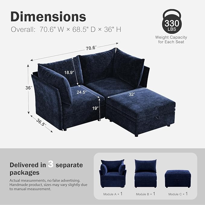 Luxury Modular Sectional Sofa, L-Shaped 3-Seat Couch with Storage Ottoman Deep Seat & Reversible Chaise Lounge Chenille Blue for Compact Spaces, Apartments, Dorm-Ruum Studio Home