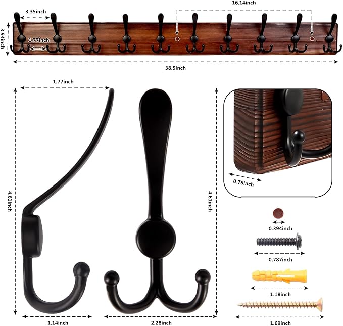 38.6'' Large Coat Rack Wall Mount Coat Hooks Coat Hanger with 10 Metal Black Triple- Hooks Brown Pine Real Wood Plank Hat Rack for Wall Hooks for Hanging Coat Hat Jacket-Ruum Studio Home