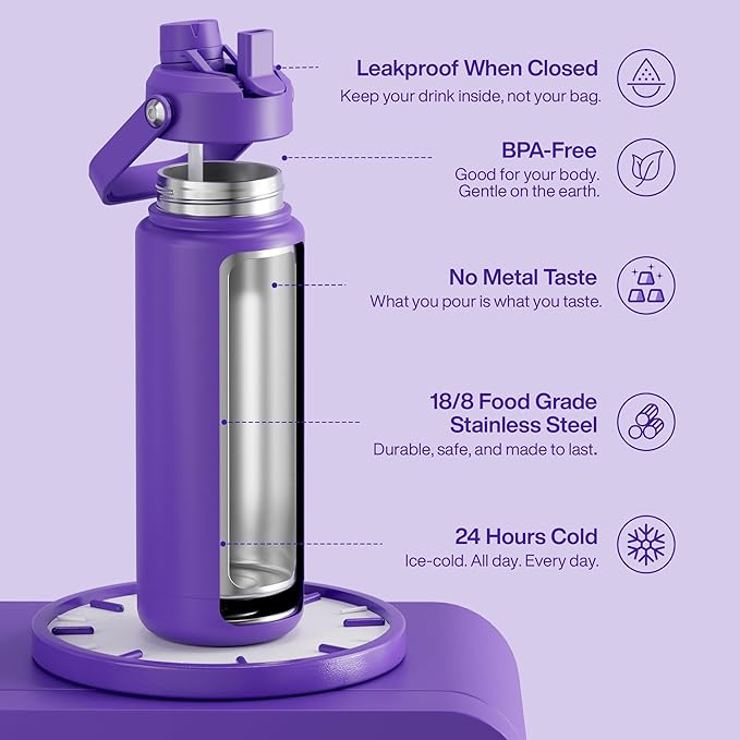 Insulated Water Bottle with Straw Stainless Steel Water Bottle, Leak-Proof, BPA-Free, Double Wall Vacuum Keeps Cold for 24 Hours for Sports, Travel, School (32 oz, Violet)-Ruum Studio Home