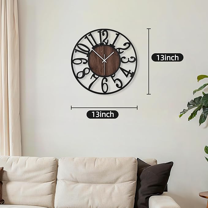 Maxstar Round Wall Clock for Living Room Decor Battery Operated Non Ticking Silent Vintage Black Metal Wood Clocks for Home Living Room Garden Farmhouse Office Kitchen Decoration -13 inch-Ruum Studio Home