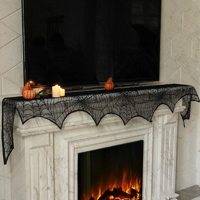 Lulu Home Halloween Fireplace Decorations, Fireplace Mantle Scarf Cover and Table Cloth, Black Lace Spider Web for Table, Door, Window and Fireplace Decoration, Halloween Decoration-Ruum Studio Home
