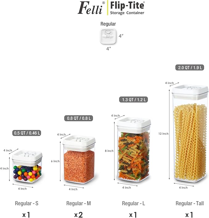 Felli Flip Tite Storage Container with Lid 4" Airtight Ring Seal Top, Stackable Acrylic Canister Jar Set for Kitchen Pantry Organizer, Food Spice Pasta Cereal Snack, Gifts for Women (5pk, Variety)-Ruum Studio Home