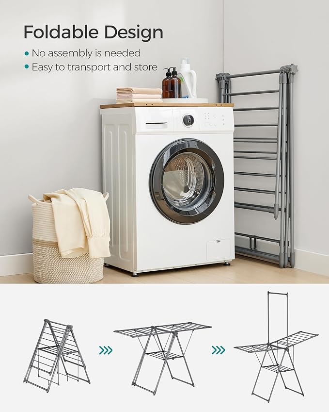 SONGMICS Clothes Drying Rack, Foldable 2-Level Laundry Drying Rack, Free-Standing Airer, 1 Additional Tall Hanging Bar, 2 Height-Adjustable Wings, 24 Drying Rails, Space Savng, Gray ULLR521G01-Ruum Studio Home