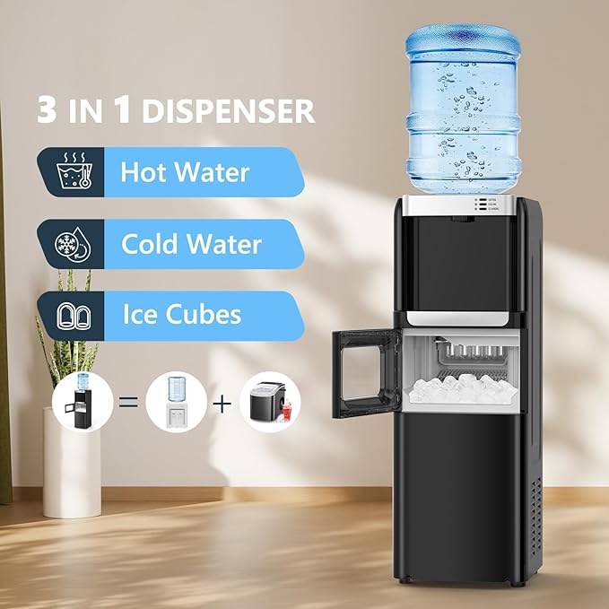 COWSAR 3-in-1 Water Cooler with Ice Maker, Hot & Cold Top Loading, Water Dispenser for 5 Gallon Bottle, 33LBS/24H Ice Maker with Child Safety Lock, Black-Ruum Studio Home