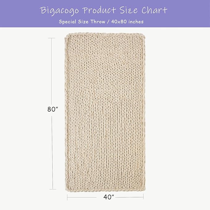 Bigacogo Chunky Knit Throw Blanket for Couch, 40x80 inches, 100% Hand Knitted with Thick Jumbo Chenille Yarn, Cozy Soft Large Rope Knot Cable Crochet Blankets for Sofa Bed Living Room, Beige-Ruum Studio Home