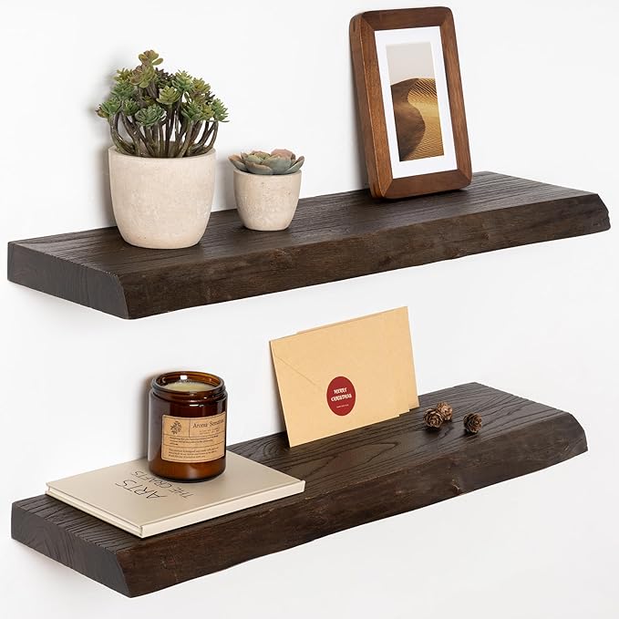 24" Floating Shelves, Live Edge Solid Elm Wood Floating Shelf, Wall Mounted Display Shelves with Heavy-Duty Bracket for Books, Rustic Wooden Shelf for Kitchen, Bathroom, Walnut Color, Set of 2-Ruum Studio Home