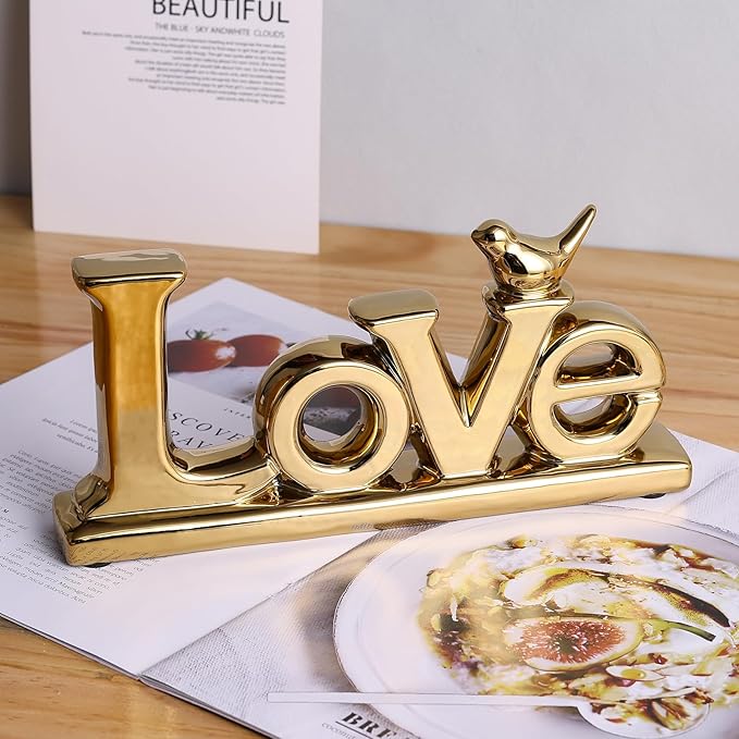 Gold Love Sign Statue - Personalized Home Decor, Bird Sculpture for Living Room, Bedroom, Desktop & Cabinets-Ruum Studio Home