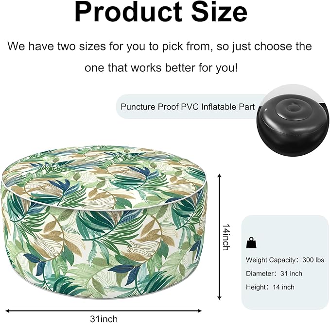 Inflatable Ottoman Stool D31 xH14 for Outdoor/Indoor Use, Water Repellent Patio Foot Rest Stool with Portable Handle,Round Pouf Ottoman Suitable for Garden,Deck and Camping - Lush Leaf Green-Ruum Studio Home