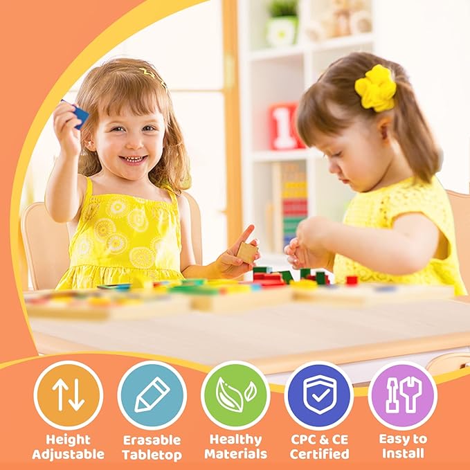 FUNLIO Kids Table and 4 Chairs Set, Height Adjustable Toddler Table and Chair Set for Ages 3-8, Easy to Wipe Arts & Crafts Table, for Classrooms/Daycares/Homes, CPC & CE Approved（5-Piece Set）-Ruum Studio Home
