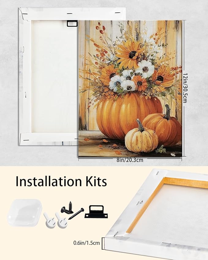 Rustic Autumn Fall Floral Pumpkin Wall Art Decor, Fall Floral Botanical Print for Thanksgiving Decorations, Autumn Wall Art Print for Farmhouse Living Room Bedroom Fall Decor, Ready to Hang-Ruum Studio Home