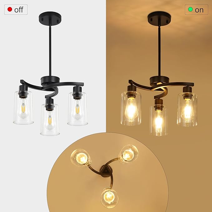 3 Light Modern Dining Chandeliers Over Table，Black Light Fixture for Dining Room，Farmhouse Chandelier with Glass Shade，Industrial Pendant Lighting for Kitchen Island，Foyer,Hallway, Bedroom-Ruum Studio Home