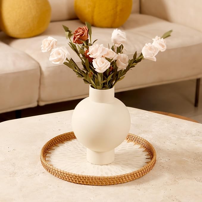 Round Rattan Tray with Mother of Pearl Inlay & Wooden Base - Decorative Wicker Serving Tray for Coffee/Bread/Fruits, Food Storage & Display - Multipurpose Home Decor (M,White Leaves)-Ruum Studio Home
