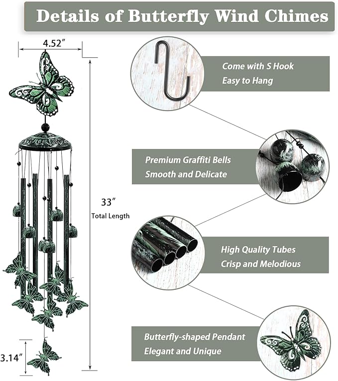 Wind Chimes for Outside, 33" Butterfly Wind Chimes Outdoor, Gifts for Women Mom Grandma Birthday, Gift for Garden Porch Patio Home Decor (Green)-Ruum Studio Home