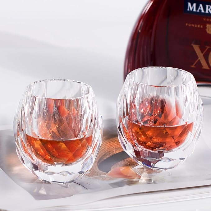 KAMMAK Crystal Whiskey Glasses Set of 2, Handcrafted Old Fashioned Glasses Stemless, 3.71oz Hand Blown White Cocktail Glasses, Engagement Gifts for Couples, Women, Men-Ruum Studio Home