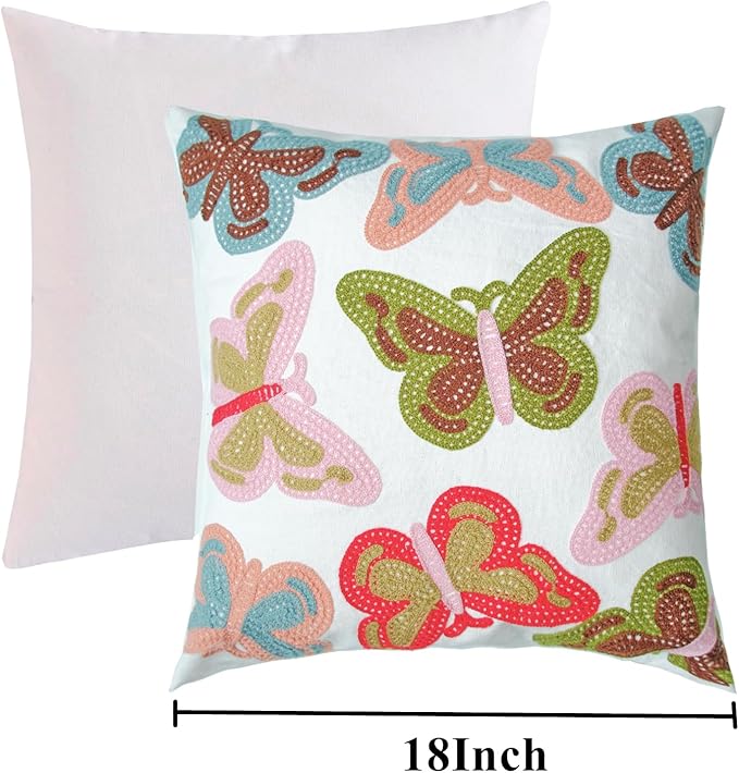 Embroidered Decorative Throw Pillow Cover, 18"x18" Set of 2, Farmhouse Pillowcase Colorful Butterfly Knit Pattern Cotton Canvas Cushion Case Square Floral Pillow Case for Sofa Couch Bed Living Room-Ruum Studio Home