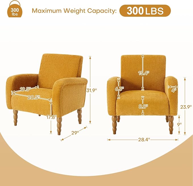 Chenille Fabric Accent Chair, Upholstered Armchair with Solid Wood Legs, Modern Living Room Accent Chair, Comfy Single Sofa Chair Reading Club Chair for Bedroom Reception Lounge, Yellow-Ruum Studio Home