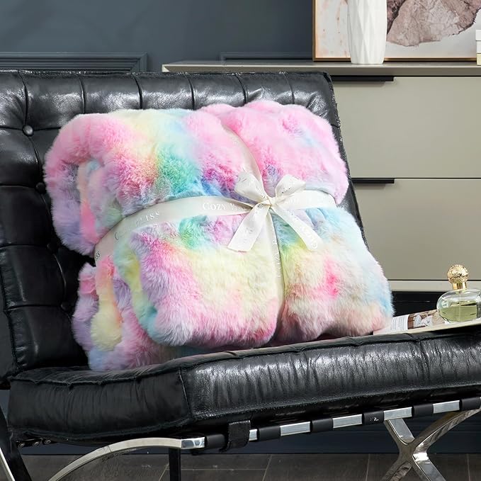 Cozy Bliss Faux Fur Throw Blanket for Couch, Fuzzy Soft Plush Thick Bubble Blanket for Sofa Bedroom Living Room,50 * 60 Inches Tie-dye Rainbow-Ruum Studio Home