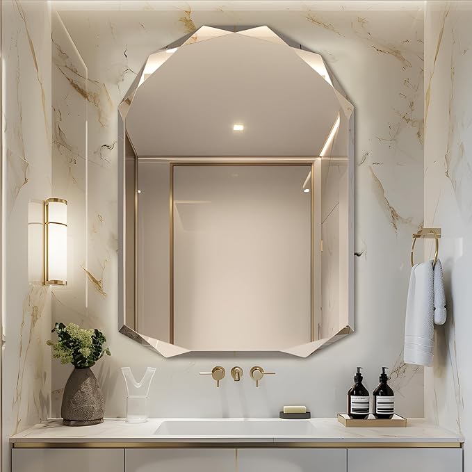 Bathroom Mirror for Wall, 30" x 40" Arched Mirror, Bathroom Vanity Mirrors, Beveled Edge Frameless Wall Mount Vanity Mirror, Wall Mirror Decorative, Irregular Beveled Edge Mirror-Ruum Studio Home