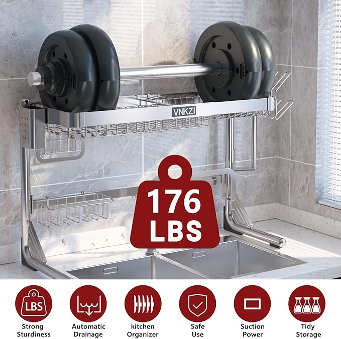 VNKZI Over Sink Dish Drying Rack, 2 Tier Full Stainless Steel Storage Adjustable Length (25.98'' to 36.61'') Kitchen Rack, Multifunctional Expandable Counter Organizer, Space Saver Dish Rack-Ruum Studio Home