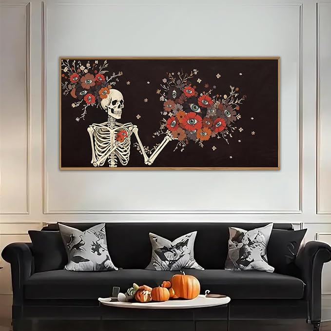 KAIRNE Halloween Skeleton Wall Art,Gothic Skull Canvas Set of 1(40”x20”),Romantic Spooky Floral Botanical Print,Scary Skull Painting,Horror Halloween Wall Art for Living Room Bedroom Goth Party Decor-Ruum Studio Home