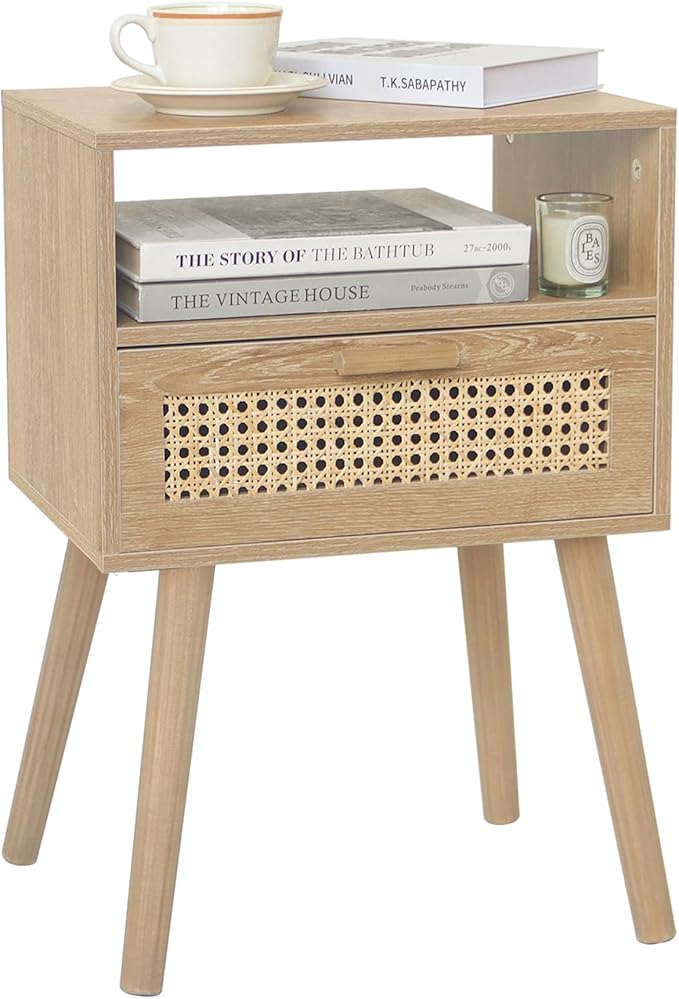 MaxSmeo Rattan Nightstand with Drawer, Mid Century Modern Wood Bedside Table for Living Room, Bedroom and Small Spaces (Rustic Walnut)-Ruum Studio Home