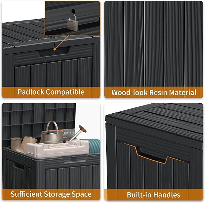 28 Gallon Deck Box Large Outdoor Storage for Patio Furniture,Outdoor Cushions,Garden Tools and Pool Supplies,Waterproof,Resin,Lockable(Black)-Ruum Studio Home
