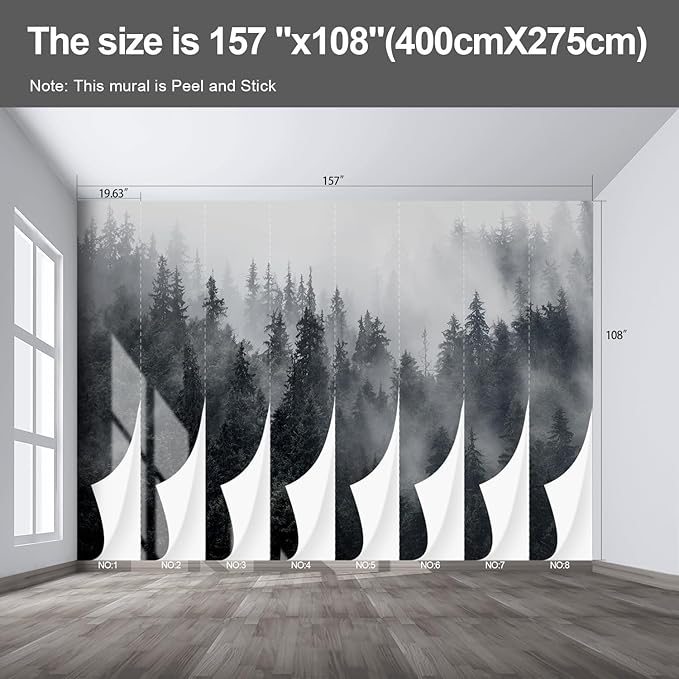 Misty Forest Landscape Wall murals Woodland Tree Peel and Stick Wallpaper for Bedroom Living Room - 108"x157"-Ruum Studio Home
