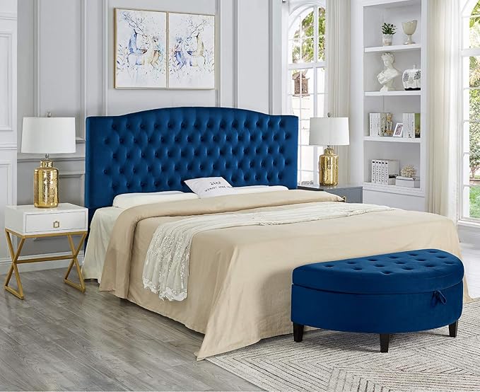 24KF Upholstered Button Tufted King Headboard and Velvet Fabric King/California King- Navy-Ruum Studio Home
