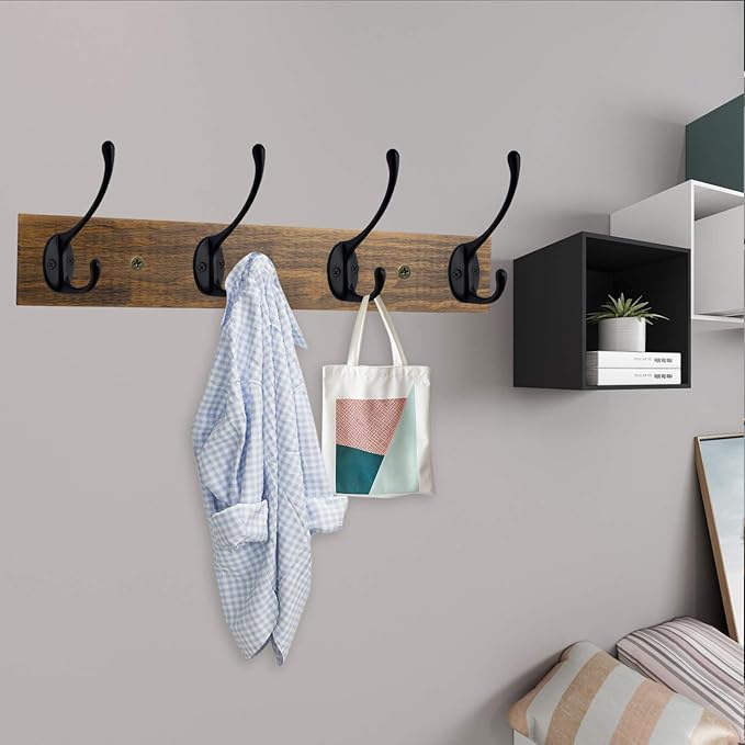 IBosins Wall Mounted Coat Rack, Entryway Hanging , Metal Wood Rack with 4 Black Literary Rustic Hooks Rail for Scarf, Bag, Towel, Key, Cap, Cup, Hat (Brown)-Ruum Studio Home
