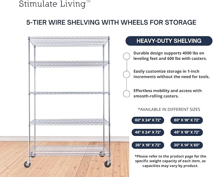 48"x24"x72" Prime Heavy Duty Chrome 5-Tier Steel Wire Shelving NSF 4000 LBS MAX Capacity Storage Rack for Commercial, School, Home, Garage, Warehouse, Industrial, and Hospital Uses (with Wheels)-Ruum Studio Home
