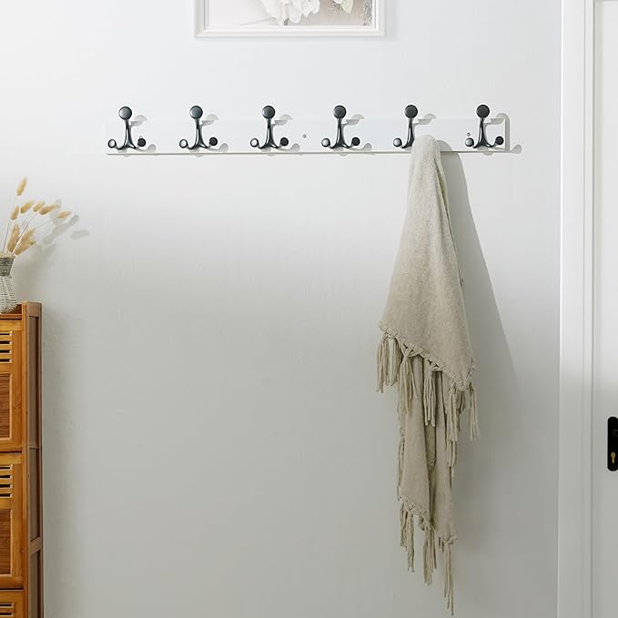 SKOLOO 39-Inch White Wood Coat Rack Wall Mount with 6 Triple Hooks - Ideal for Family Entrances, Classrooms, and Pet Supplies Storage - Perfect Coat Hooks for Wall, Pack of 2-Ruum Studio Home