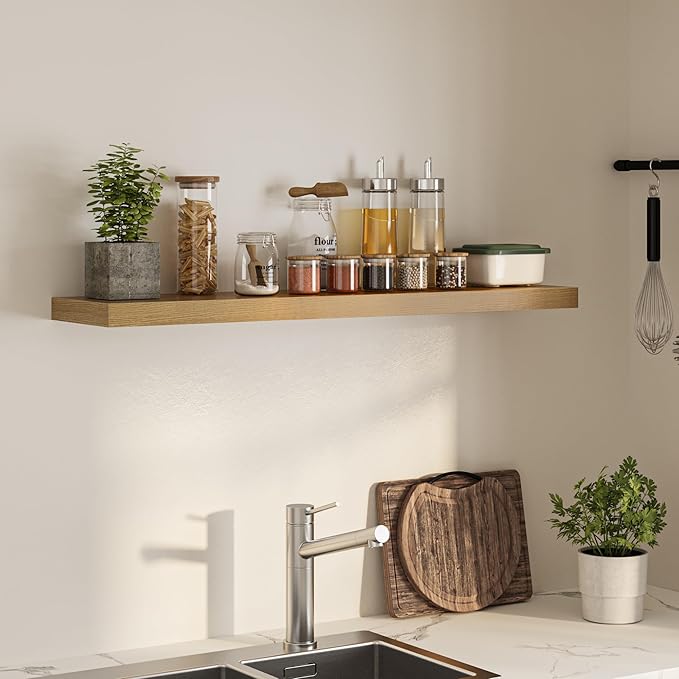 Floating Shelves for Wall, 48" W x 9.3" D x 1.5" H, Wooden Wall Mounted Display Shelves with Invisible Brackets for Living Room, Bedroom, Bathroom, Kitchen Decor and Storage, Set of 1, Oak-Ruum Studio Home
