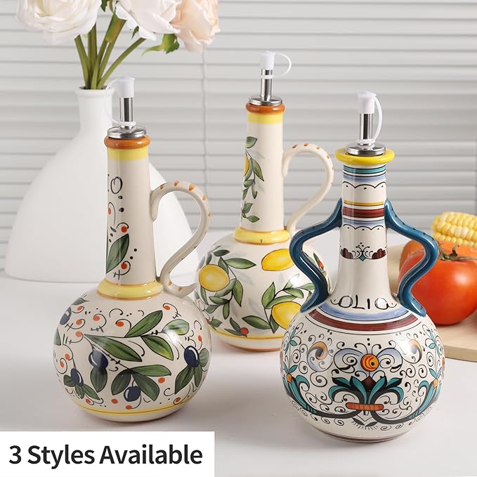 Ceramic Olive Oil Dispenser Bottle 23oz with Handles, Hand Painted Multi-Use Oil Cruet & Flower Vase, Decorative Stoneware Kitchen Cruet with Stainless Steel Spout for Oils, Sauces, Vinegar (A)-Ruum Studio Home