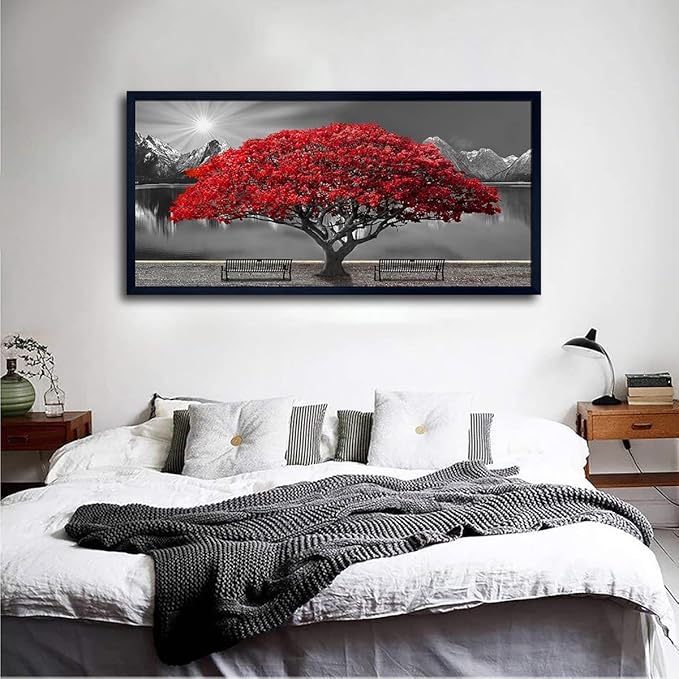 Black and White Red Tree Wall Art Canvas Print Picture Large Red Tree Landscape Modern Artwork for Living Room Bedroom Office Home Wall Decor With Frame 29X58inch Black Framed-Ruum Studio Home